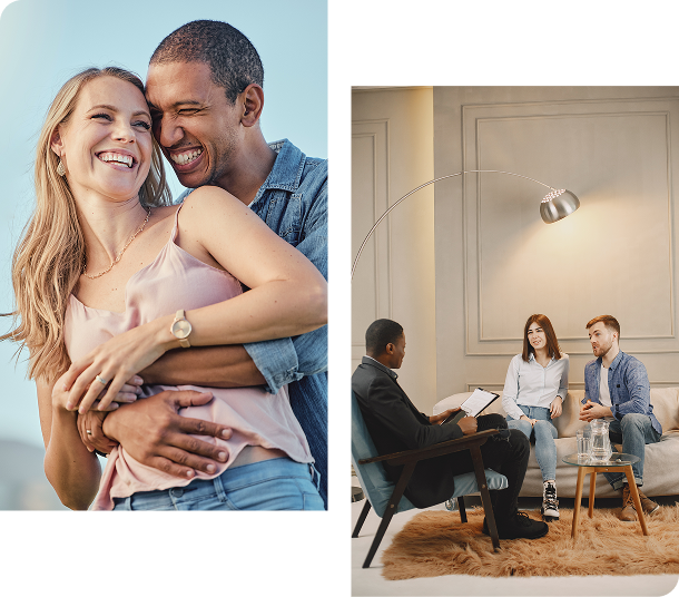 Group 1321316497 (1) Left: A couple smiling and embracing outdoors, possibly feeling the positive effects of couples therapy. Right: Three people having a conversation in a modern living room with a floor lamp.