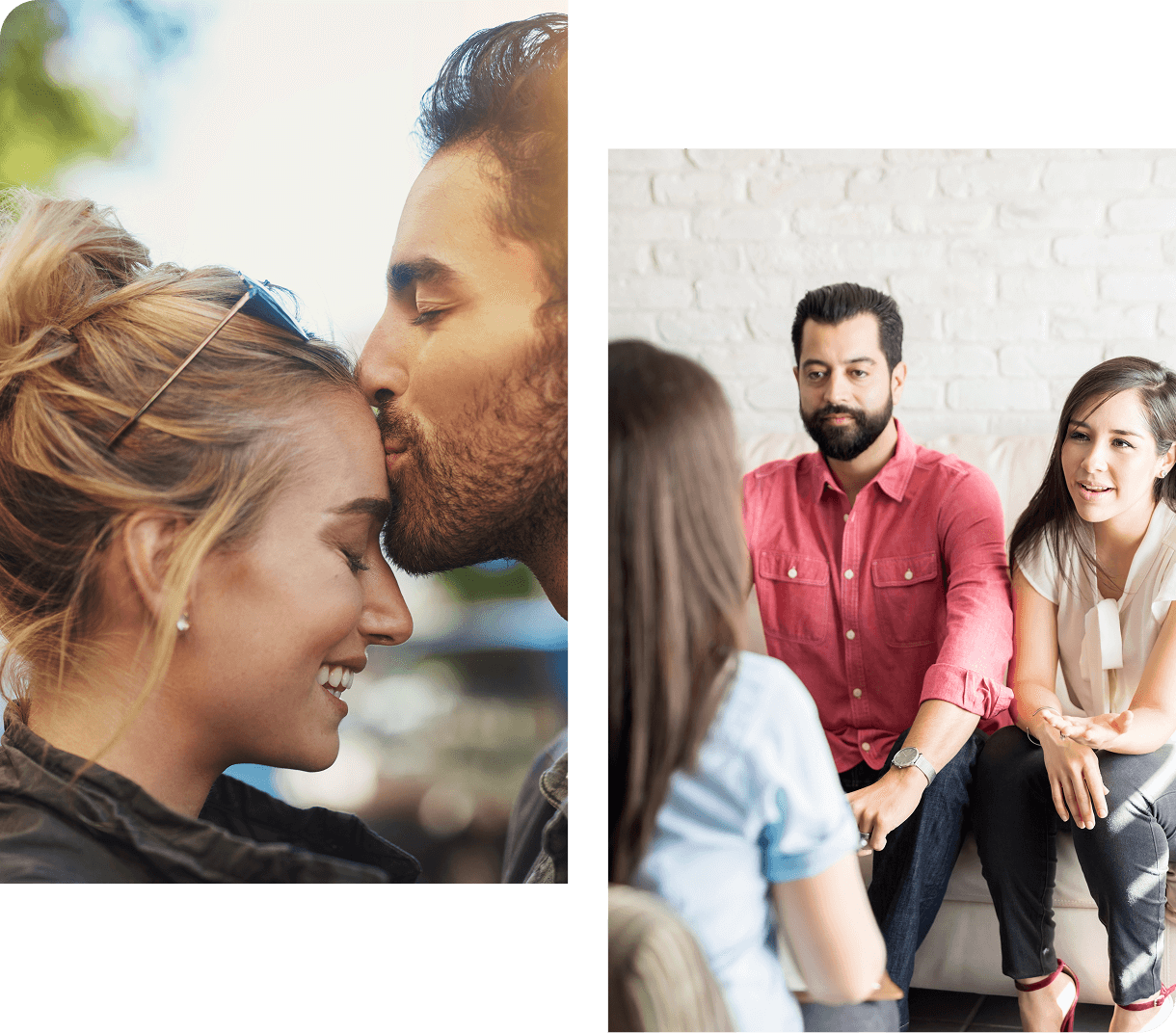 Group 1321316498 Left: A man kisses a woman's forehead outdoors. Right: Embracing the spirit of the Brave Marriage mission, a man and woman sit side by side on a couch, deeply engaged while talking to another person.