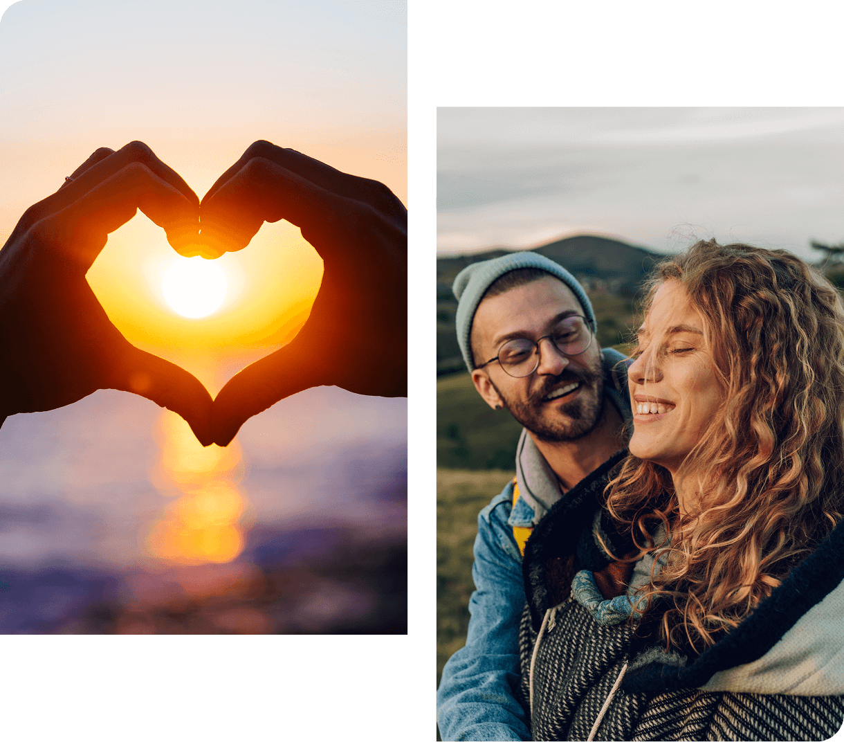 Group 1321316499 Left: Hands forming a heart shape framing the sun; Right: Smiling couple outdoors, man wearing glasses and beanie, embodying the spirit of The Brave Marriage mission.